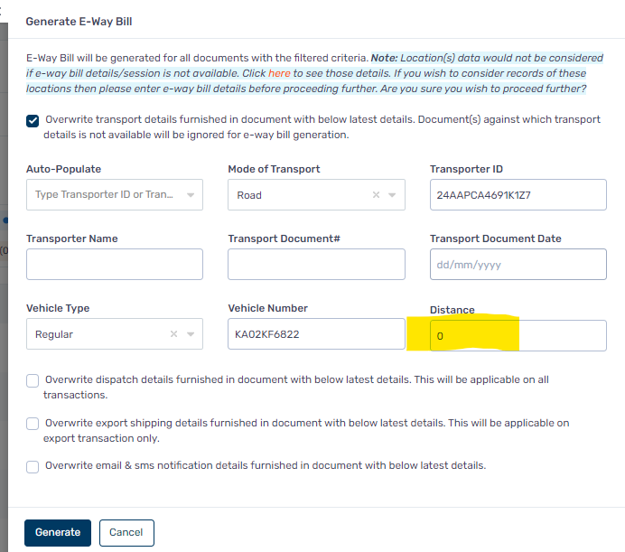 721 The Distance Between The Given Pincodes Are Not Available In The System